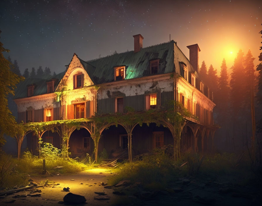 Dilapidated mansion at night with overgrown foliage and warm glow