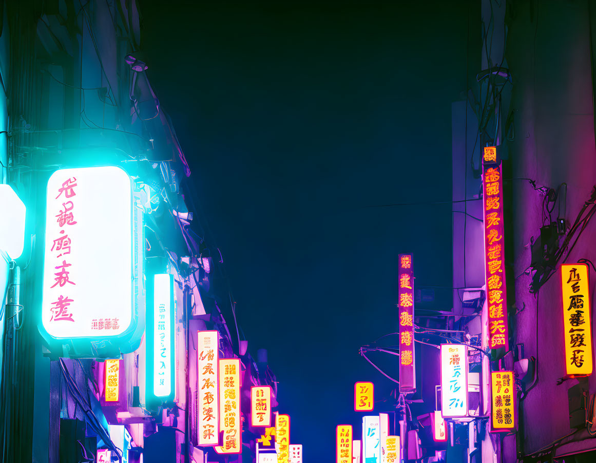 Colorful neon signs light up dark alley with Asian characters.