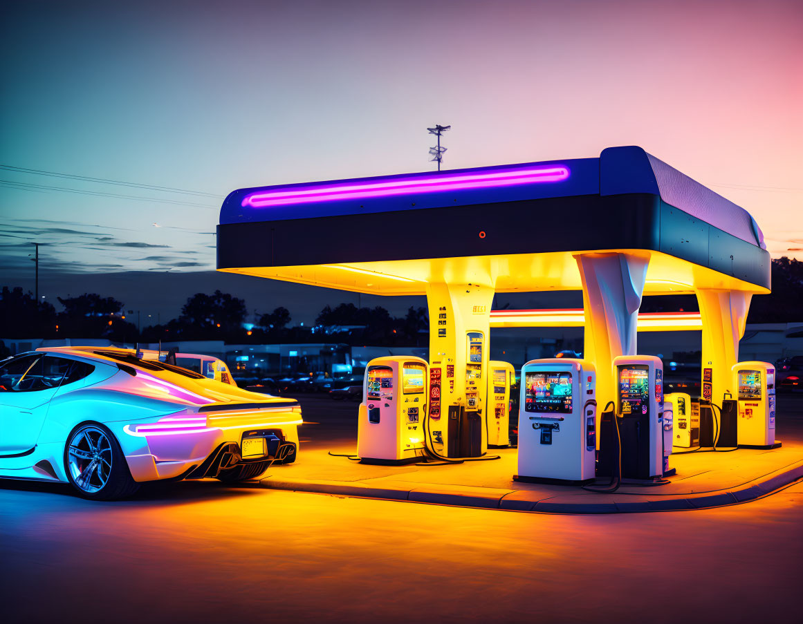 Luxury sports car parked at gas station under twilight sky with neon lighting