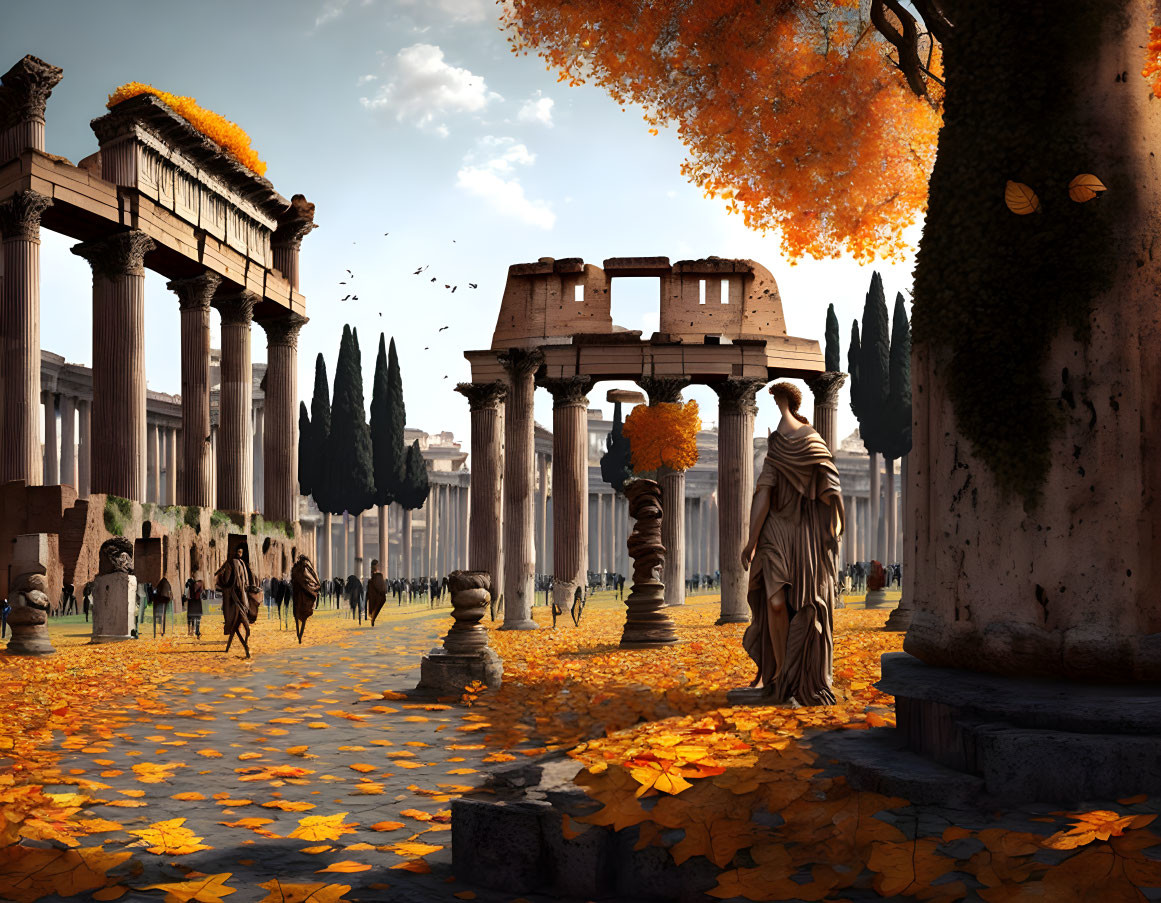 Roman Ruins with Statue, Strolling People, Fallen Leaves, and Sunlight