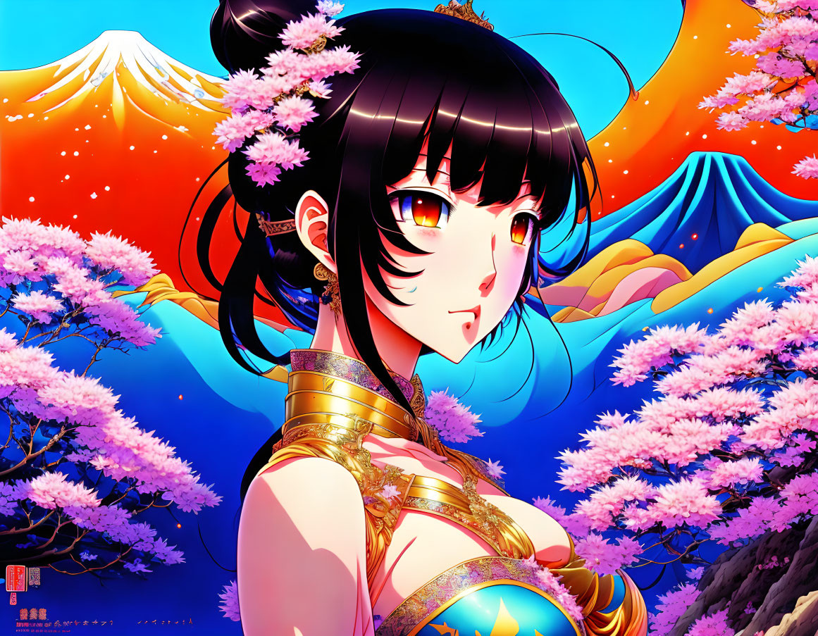 Anime-style illustration: Black-haired girl, cherry blossoms, Mount Fuji.