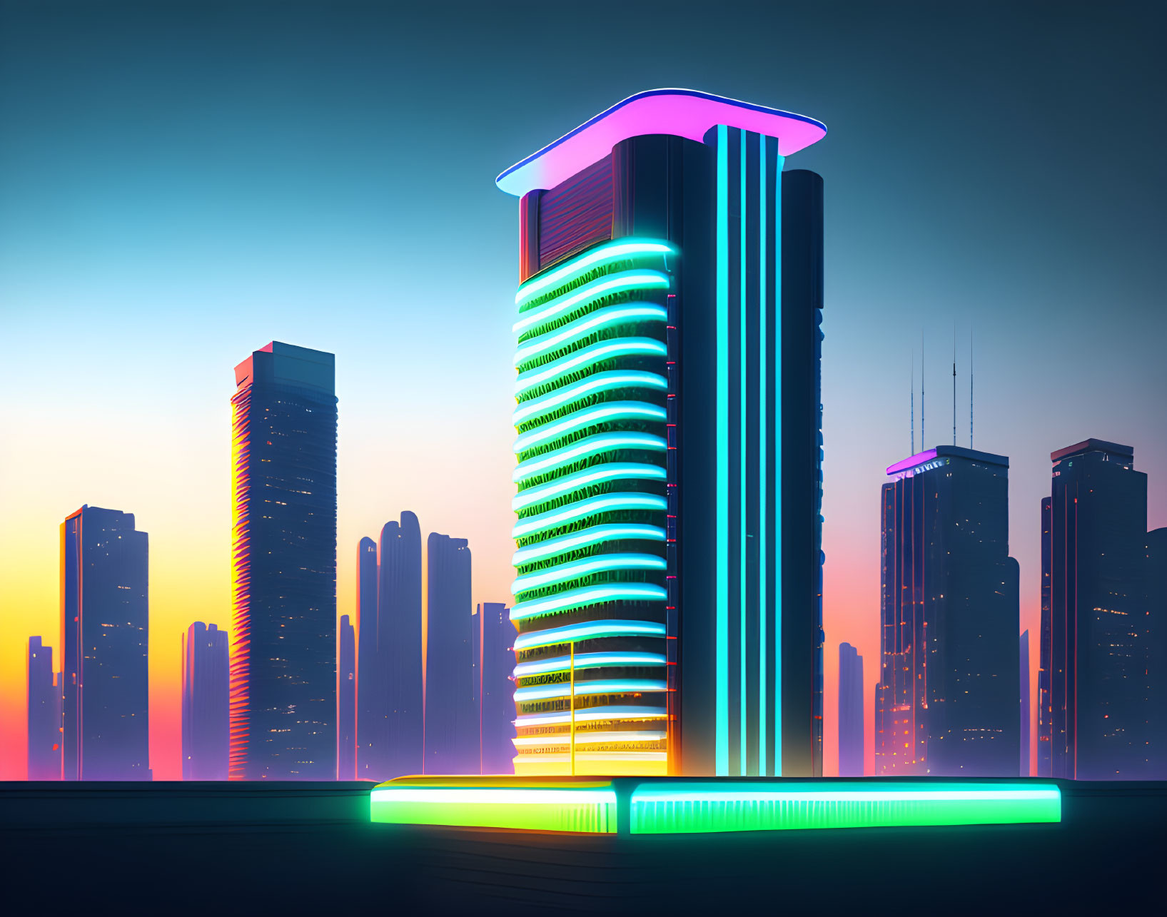 Neon-lit skyscraper in twilight cityscape