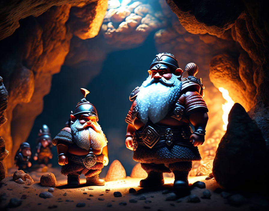 Fantasy dwarf figurines in cave with dramatic lighting