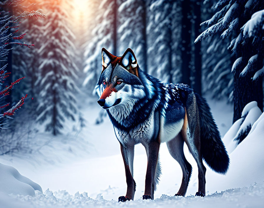 Majestic wolf in snowy forest with sunlight and thick fur