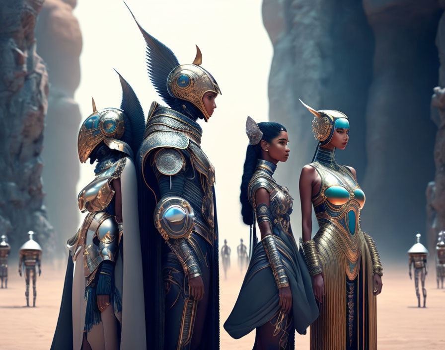 Four warriors in futuristic armor in alien desert setting