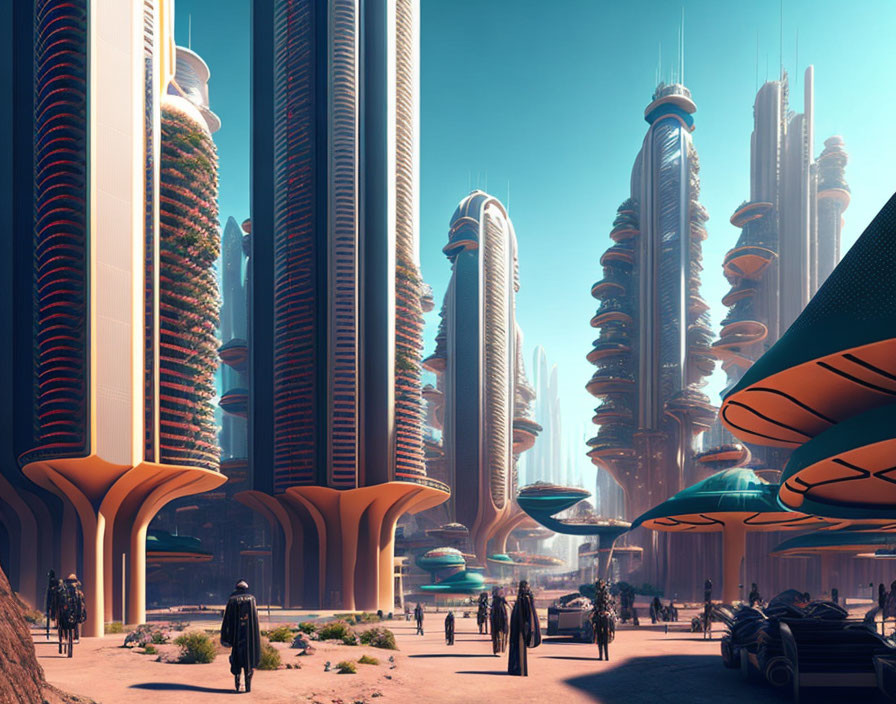 Futuristic cityscape with skyscrapers, gardens, and advanced vehicles