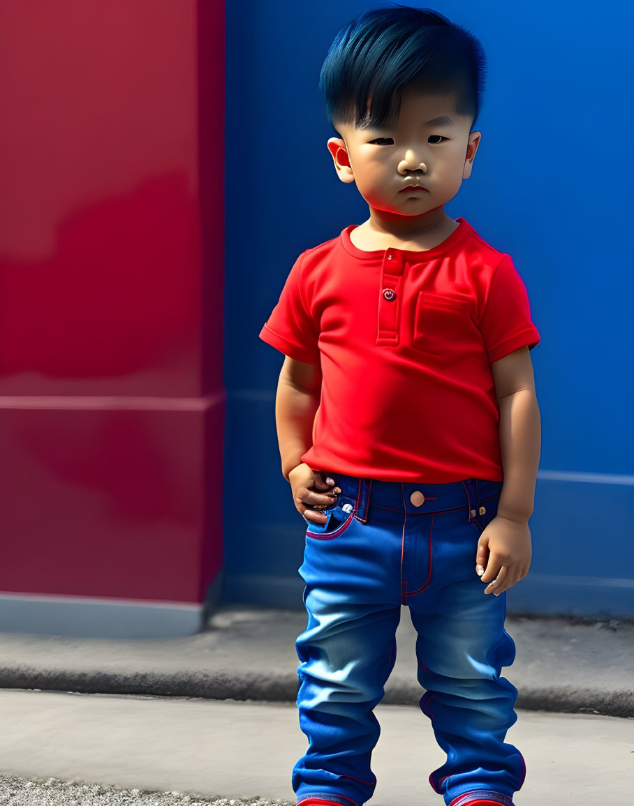 Confident young child in red shirt and blue trousers against blue and red wall