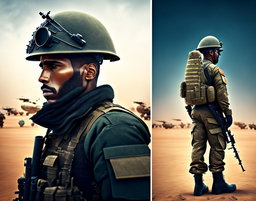 Digital soldier in desert with helicopters: Profile and back view, armed with helmet, rifle, and tactical