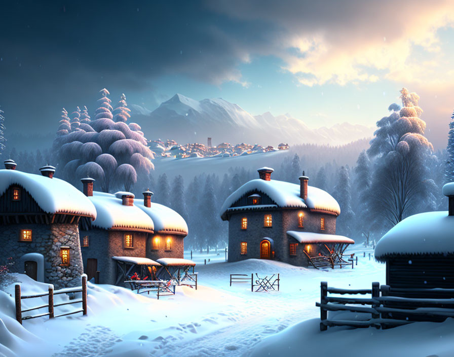 Winter scene: Snow-covered cottages at twilight with village, mountains, and winter trees.