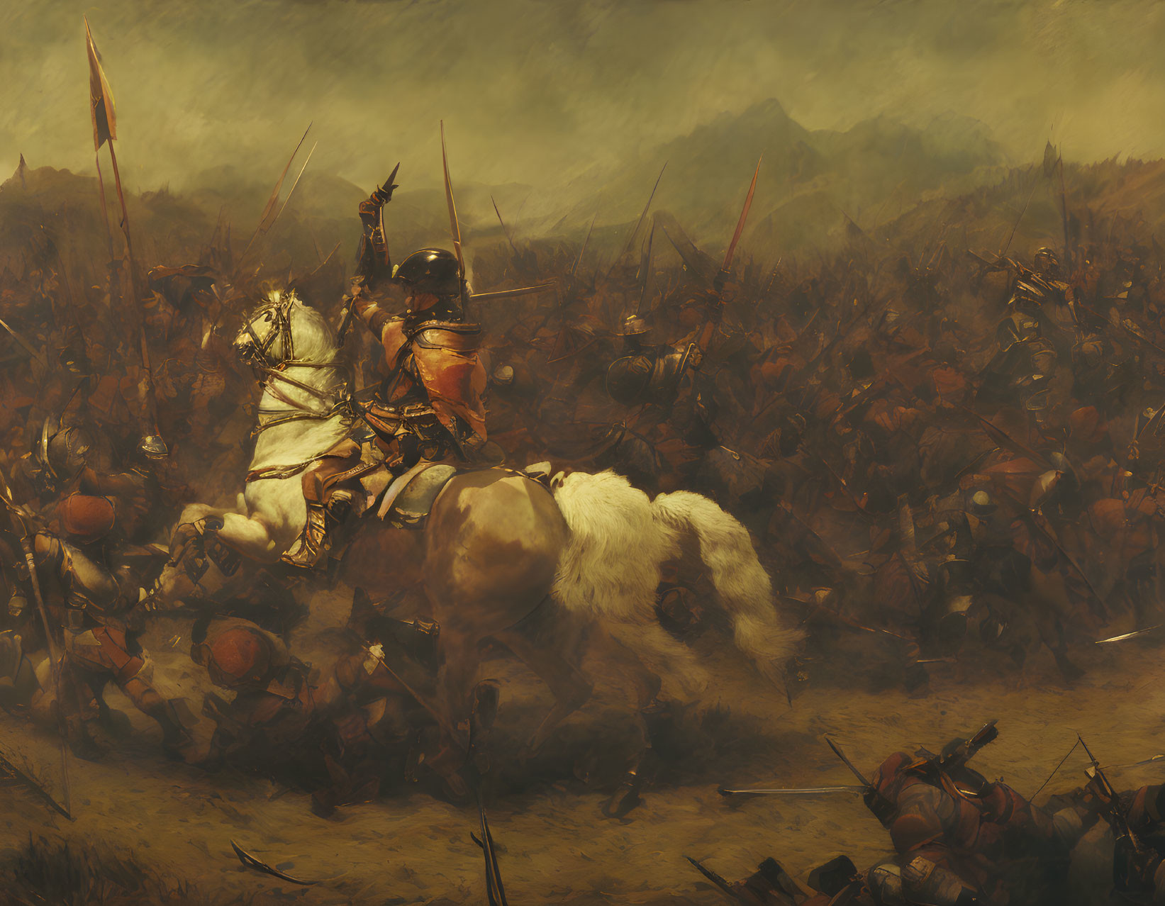 Soldiers in armor clash on smoky battlefield with white horse and figure in black armor