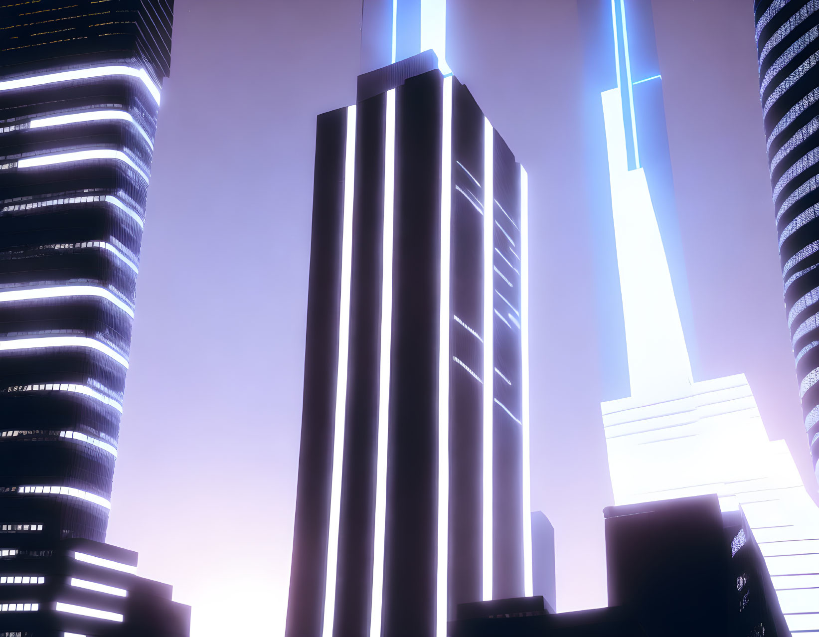 Silhouette skyscrapers in futuristic cityscape at dusk