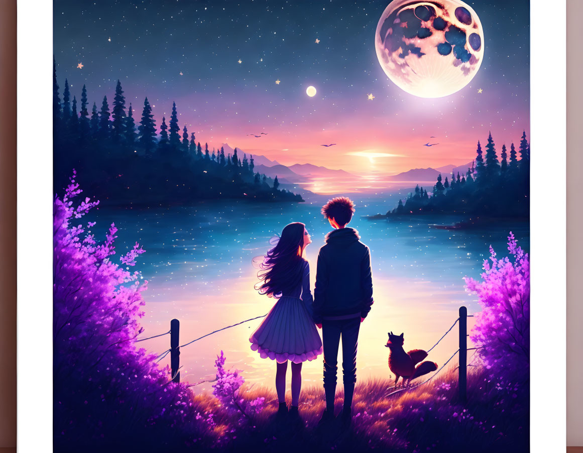 Silhouetted figures, cat, fantastical moon, purple flora, serene lake