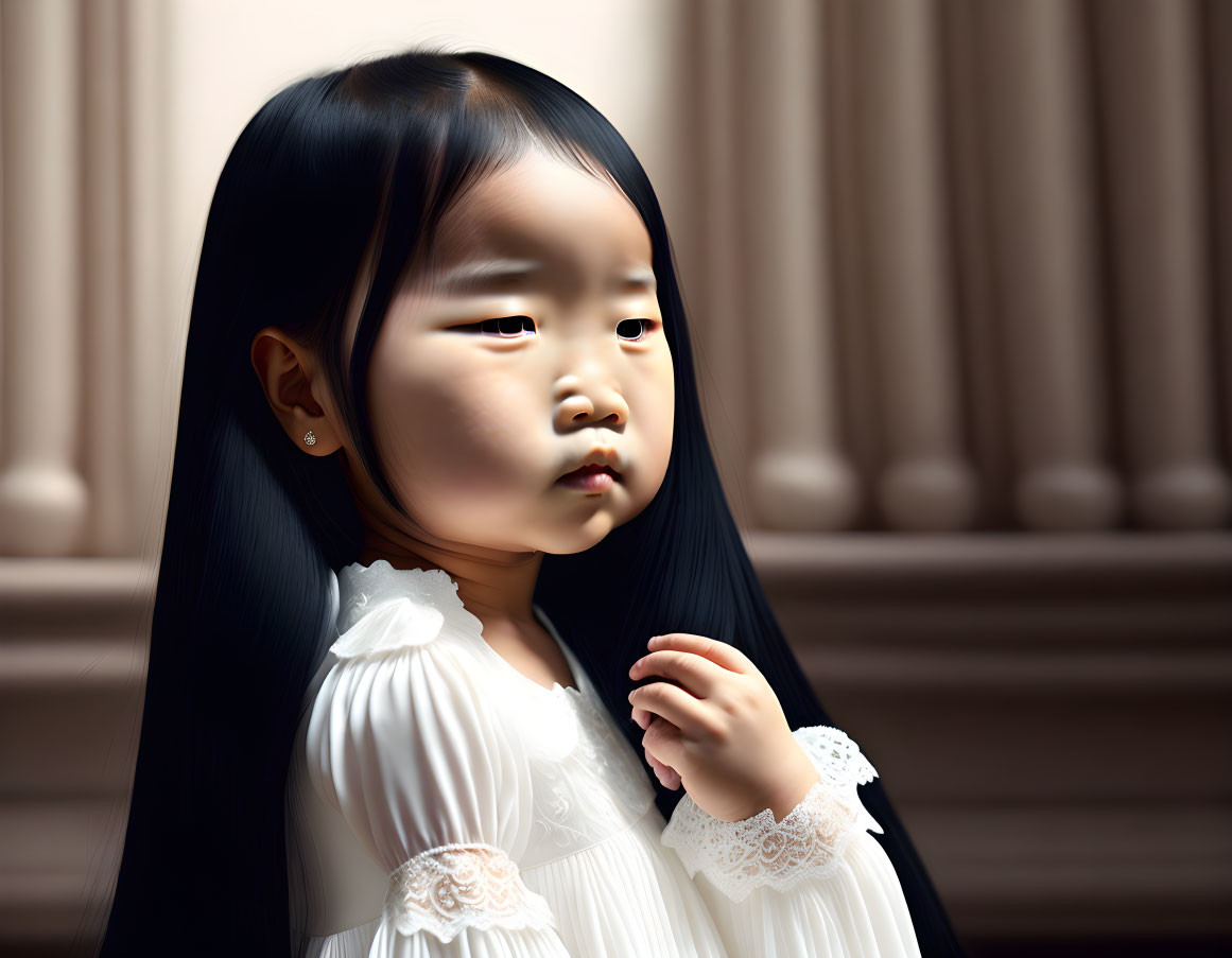 Young girl in white dress with lace details and classical background