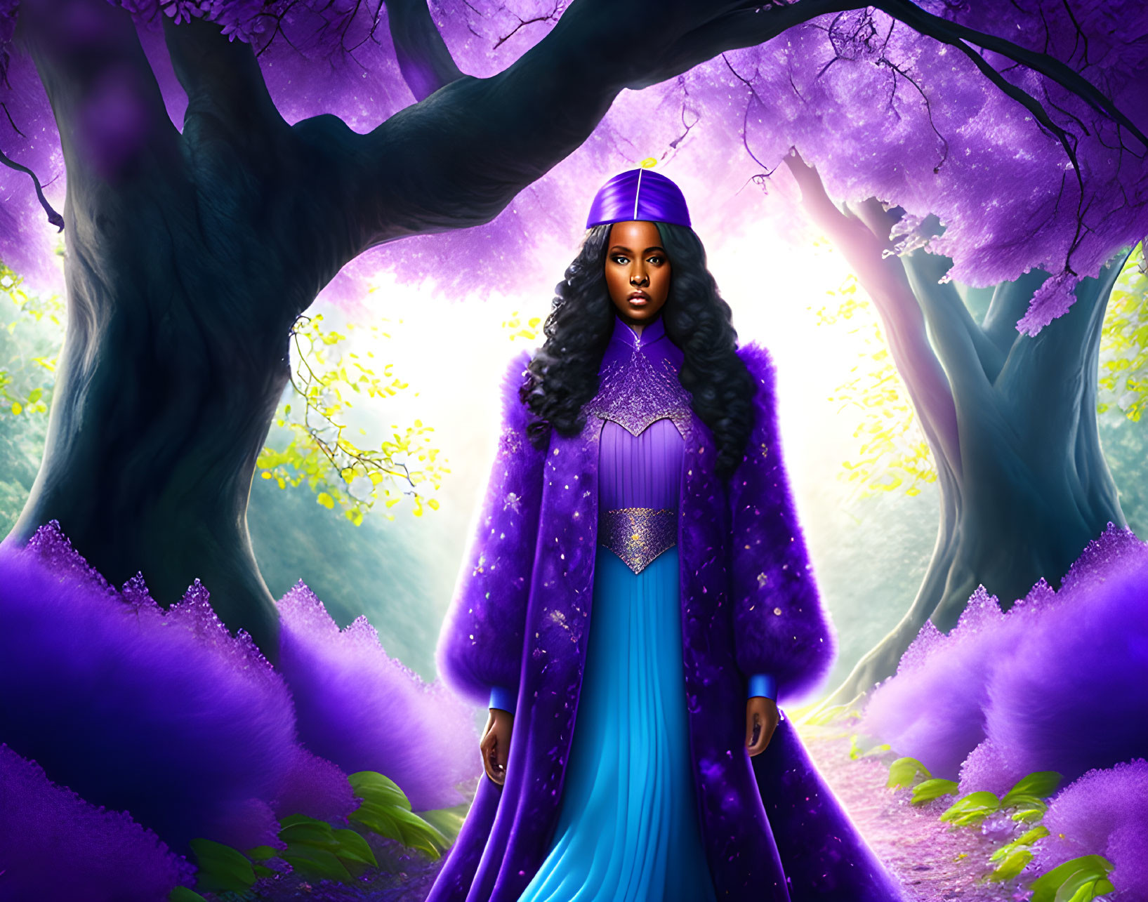 Regal woman in purple cloak and blue dress in enchanted forest