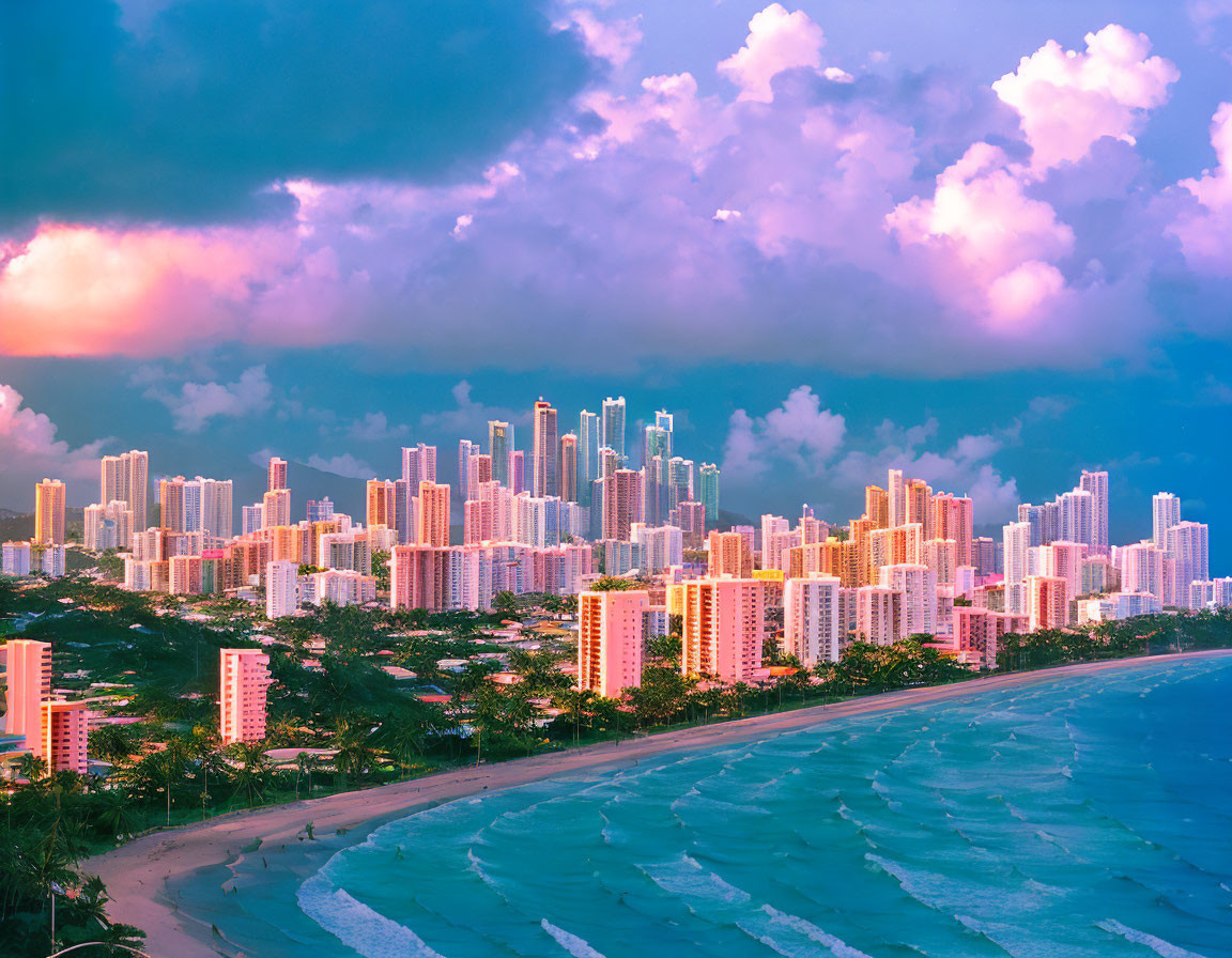 City skyline against pastel sunset clouds with blue beach and tropical foliage