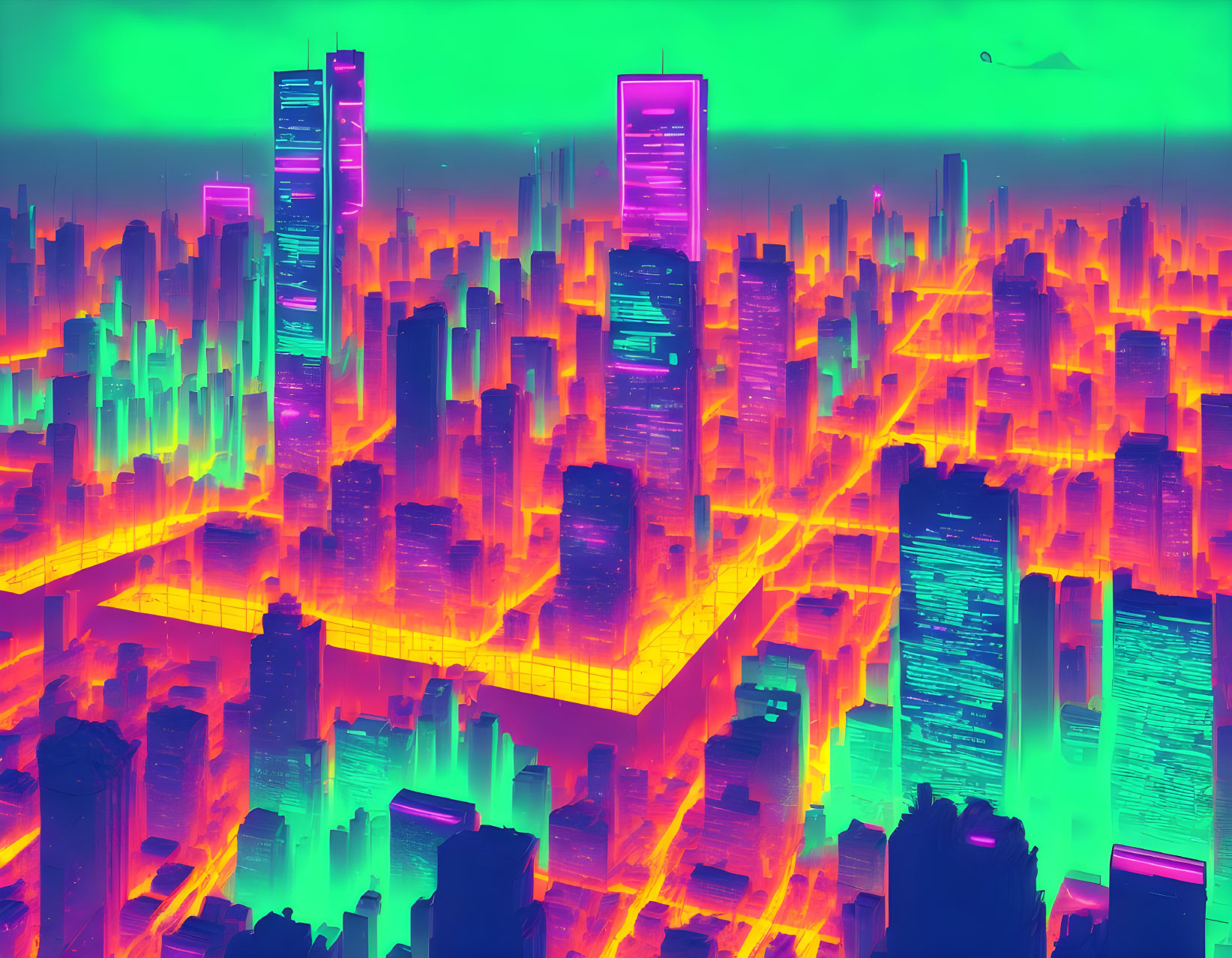 Vibrant Pink and Green Neon-lit Futuristic Cityscape