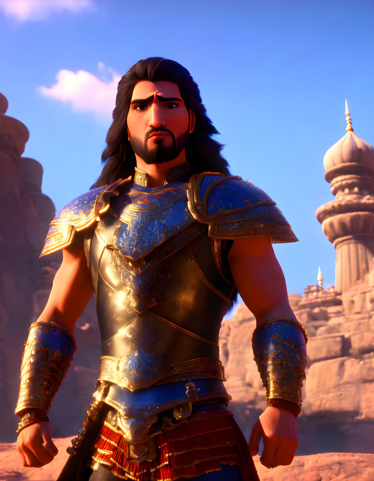 Male warrior in ornate armor with long hair in 3D animation against desert palace backdrop