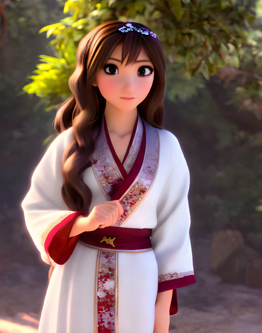 Detailed 3D illustration of girl in brown hair, white & red kimono, amidst forest