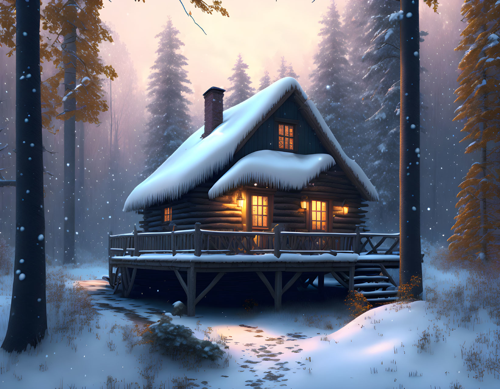 Snowy forest log cabin in soft dusk light