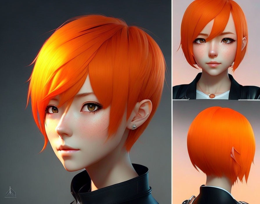 Vibrant orange-haired female character in black outfit, 3D illustration