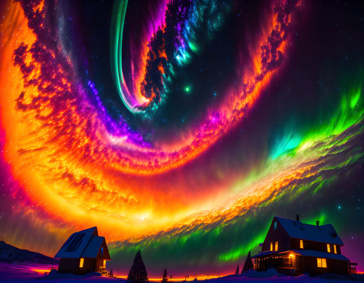 Colorful aurora borealis over snow-covered houses and stars in night sky