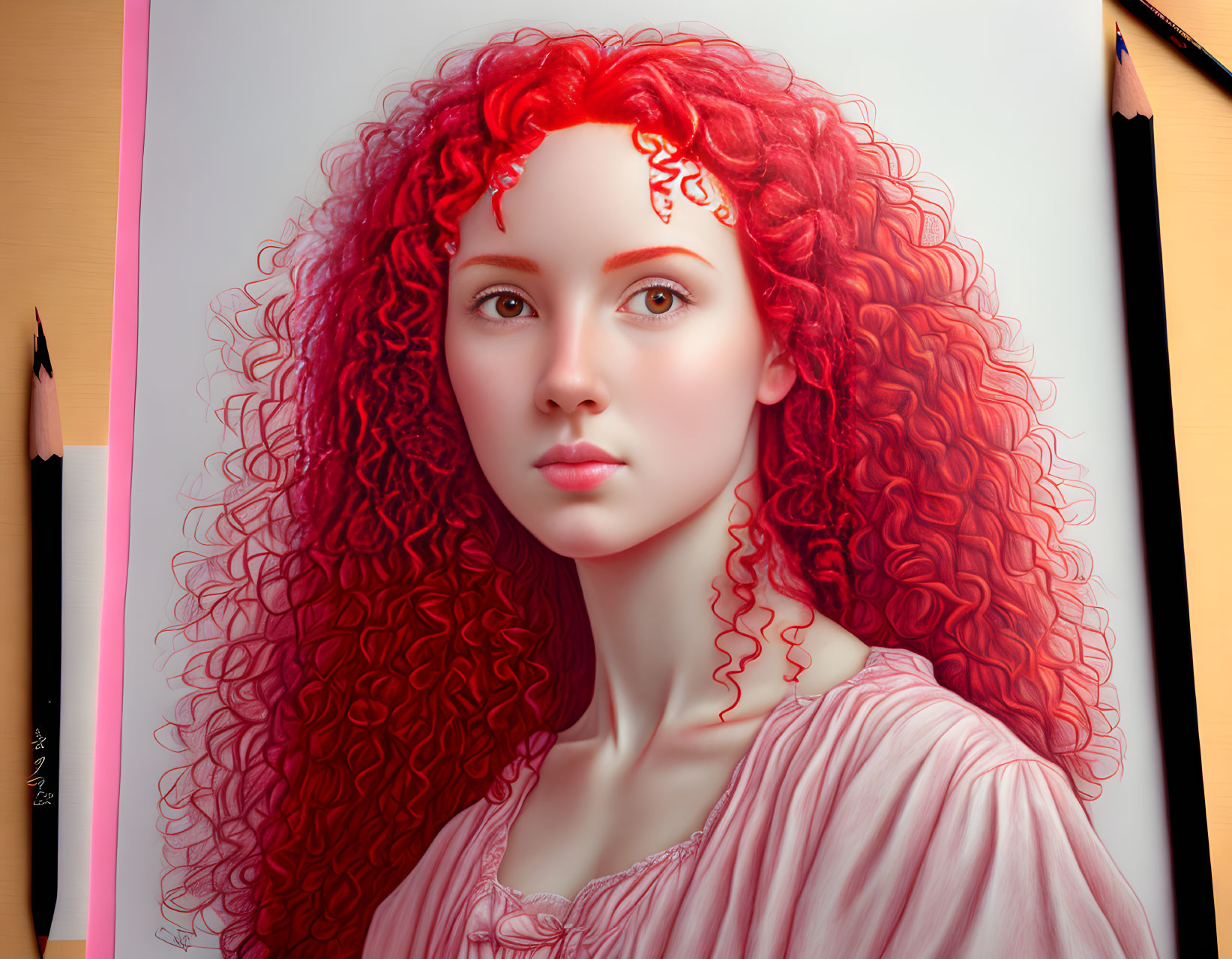 Digital artwork: Woman with red curly hair, fair skin, pink blouse, framed by pencils on wood