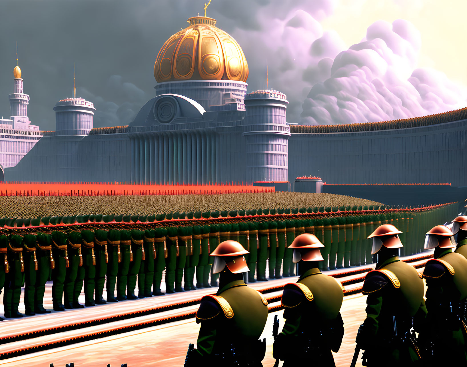 Uniformed soldiers in front of golden-domed building under pink and white sky