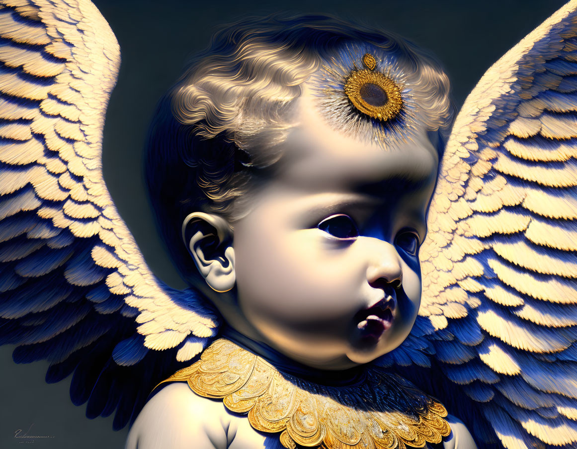 Detailed Digital Artwork of Cherubic Figure with Golden Wings