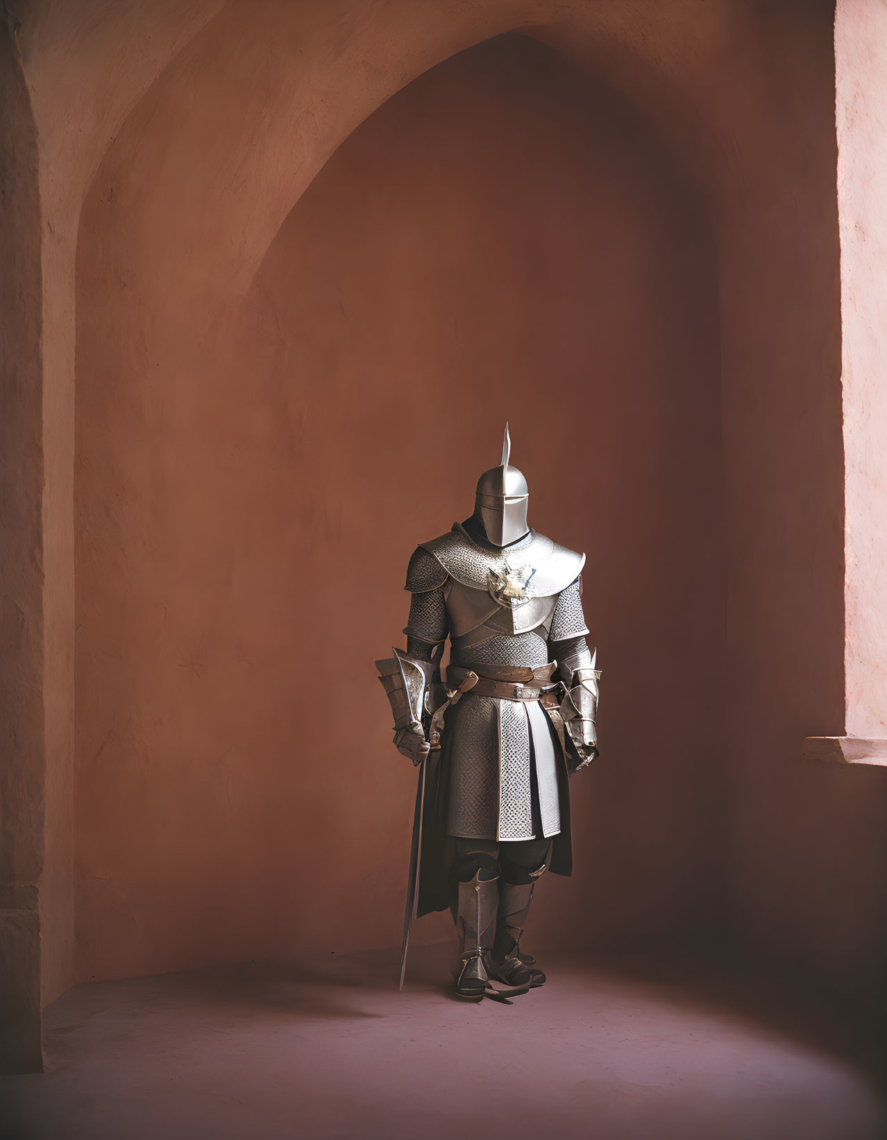 Knight in full armor with sword and shield in warm, pinkish alcove