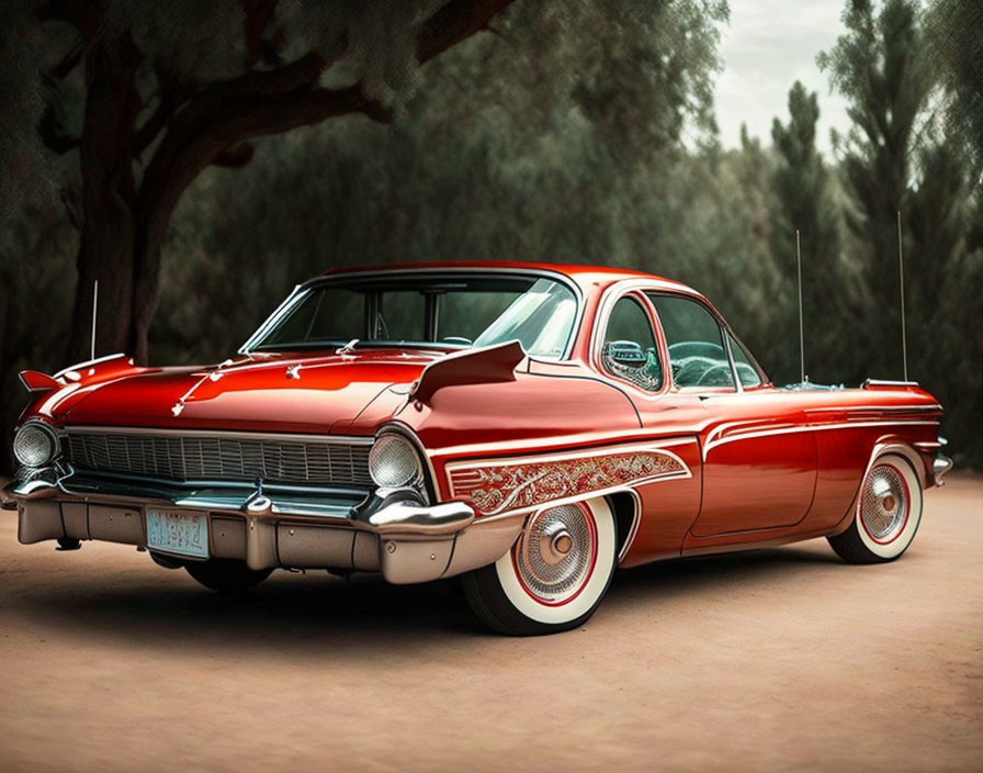 Vintage Red 1950s Car with Chrome Details and White-Wall Tires Outdoors