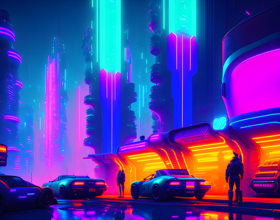 Futuristic cyberpunk cityscape with neon-lit skyscrapers and flying cars