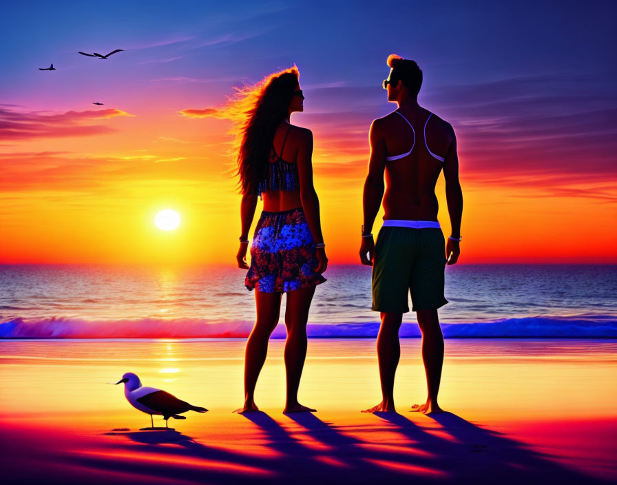 Man and woman on beach at sunset with seagull and flying birds