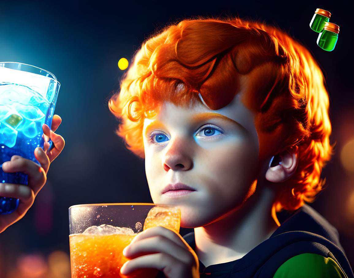 Child with Bright Red Hair Enthralled by Glowing Blue Drink