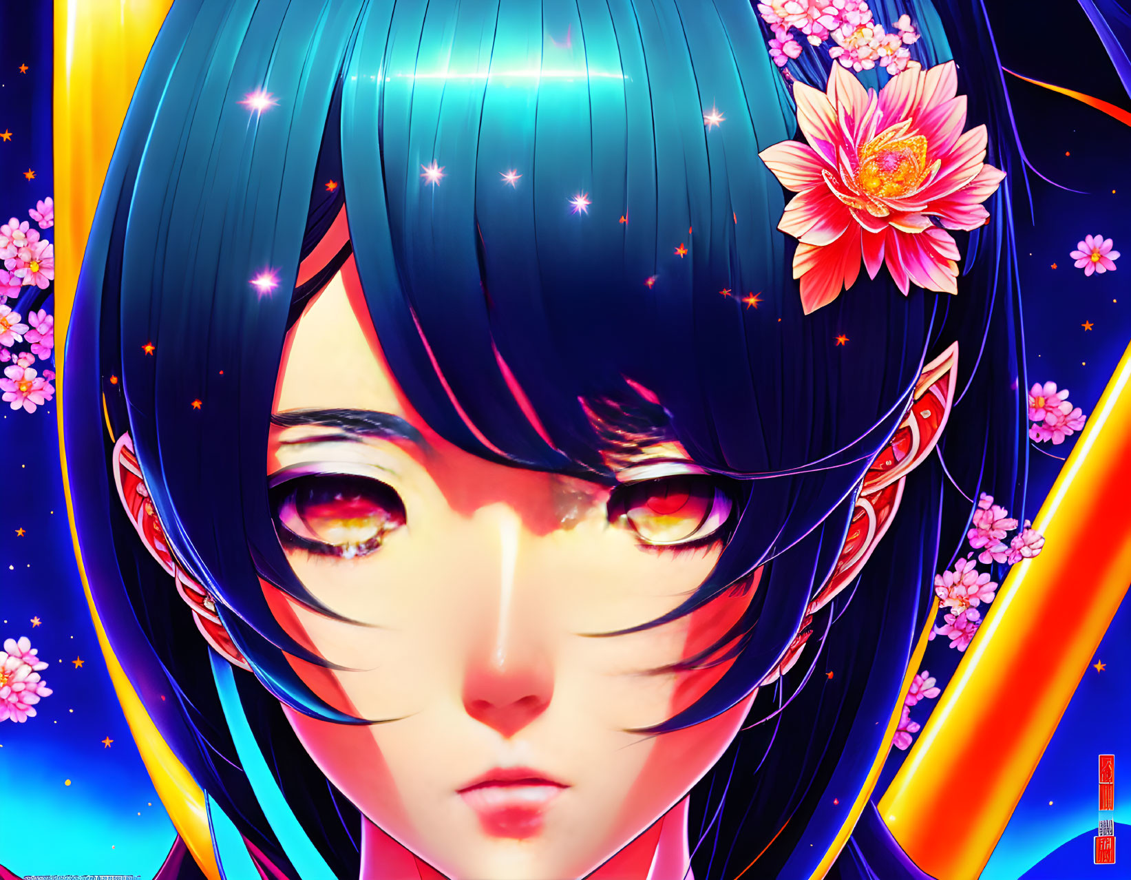 Anime-style portrait with character, amber eyes, blue hair, stars, sakura blossoms