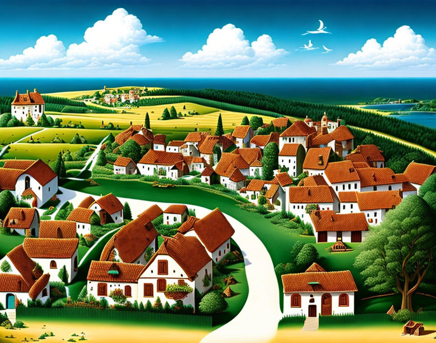 Colorful illustration of a village with red-roofed houses, green fields, trees, river,