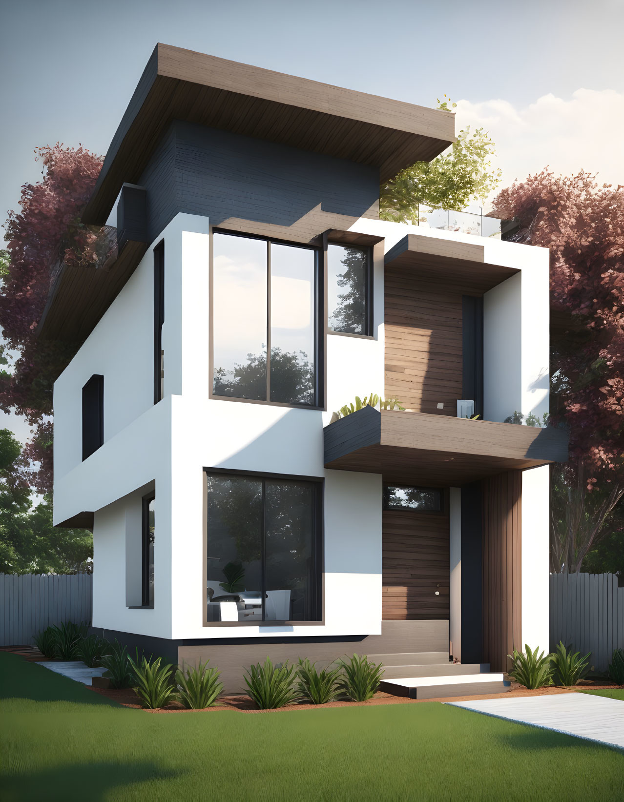 Spacious two-story house with large windows, white and wooden facade, trees, and manicured lawn