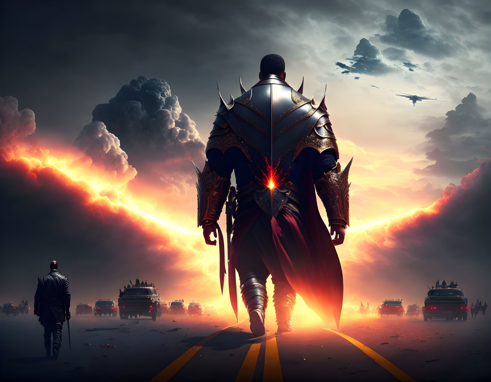 Knight in ornate armor on road at dusk with burning horizon, silhouettes of people, and