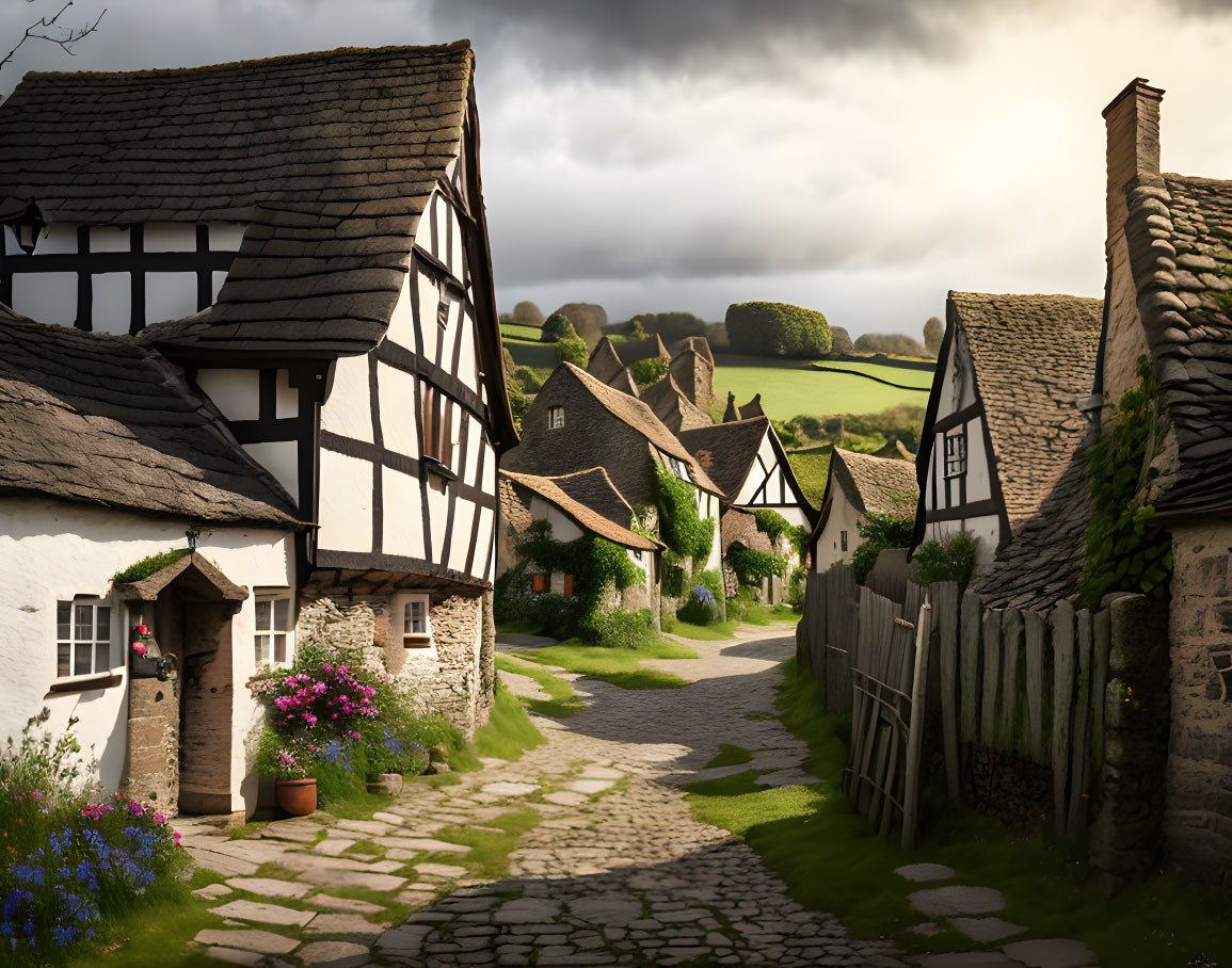 Traditional half-timbered houses on cobblestone street in lush village scene