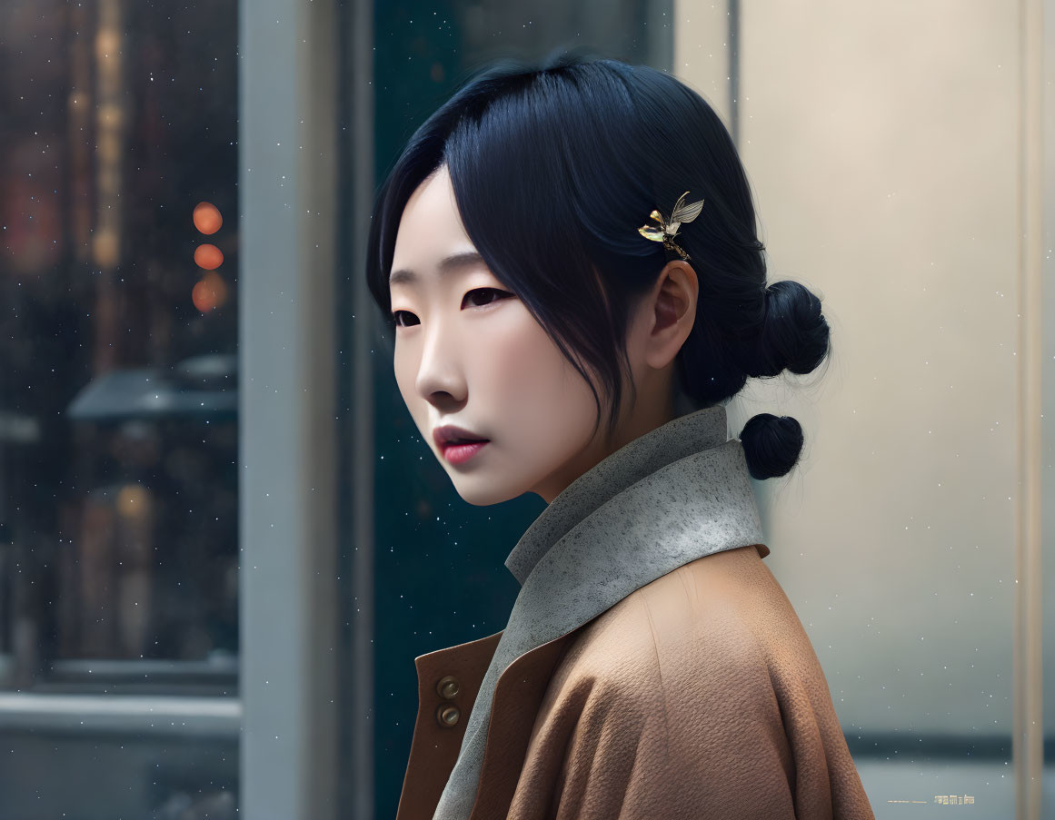 Black-Haired Woman in Brown Coat with Dragonfly Hairpin by Window