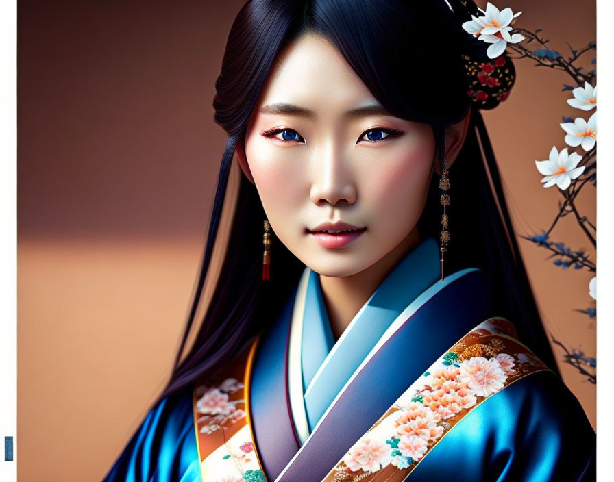 Asian woman in traditional outfit with floral patterns on brown backdrop