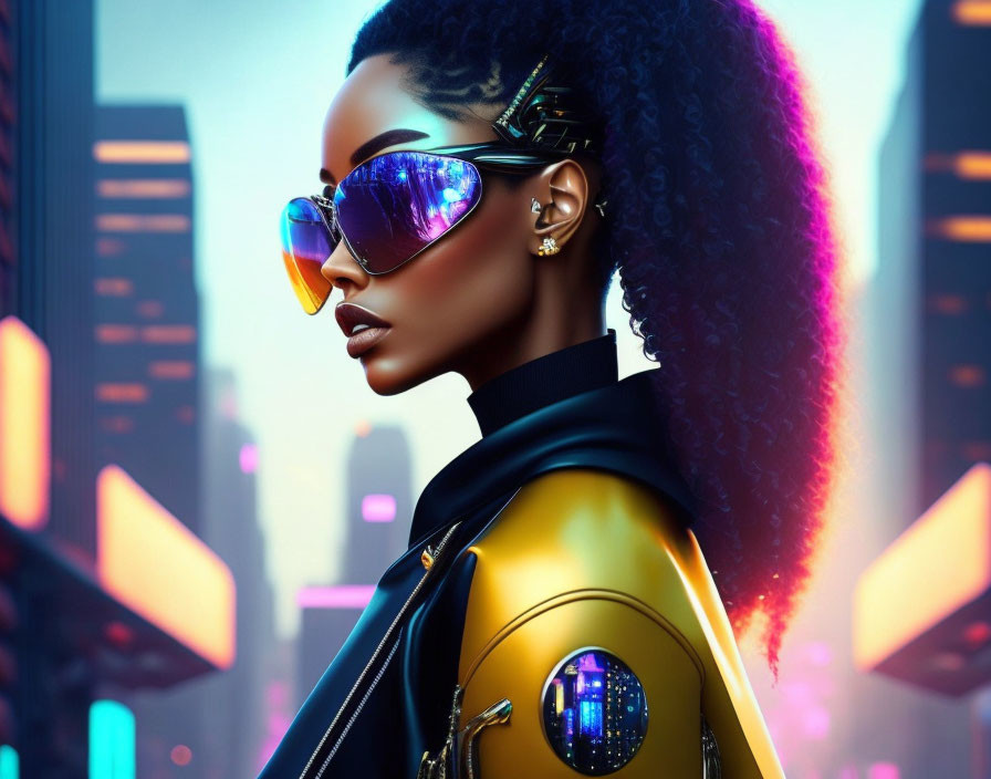 Digital artwork of woman with sunglasses and flowing hair in futuristic cityscape.