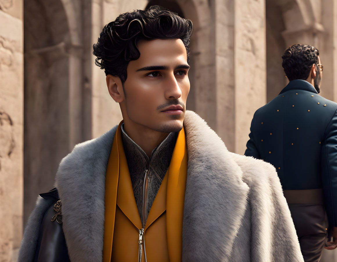 Fashionable man in fur coat and sculpted hairstyle with yellow shirt and pendant, second person in background