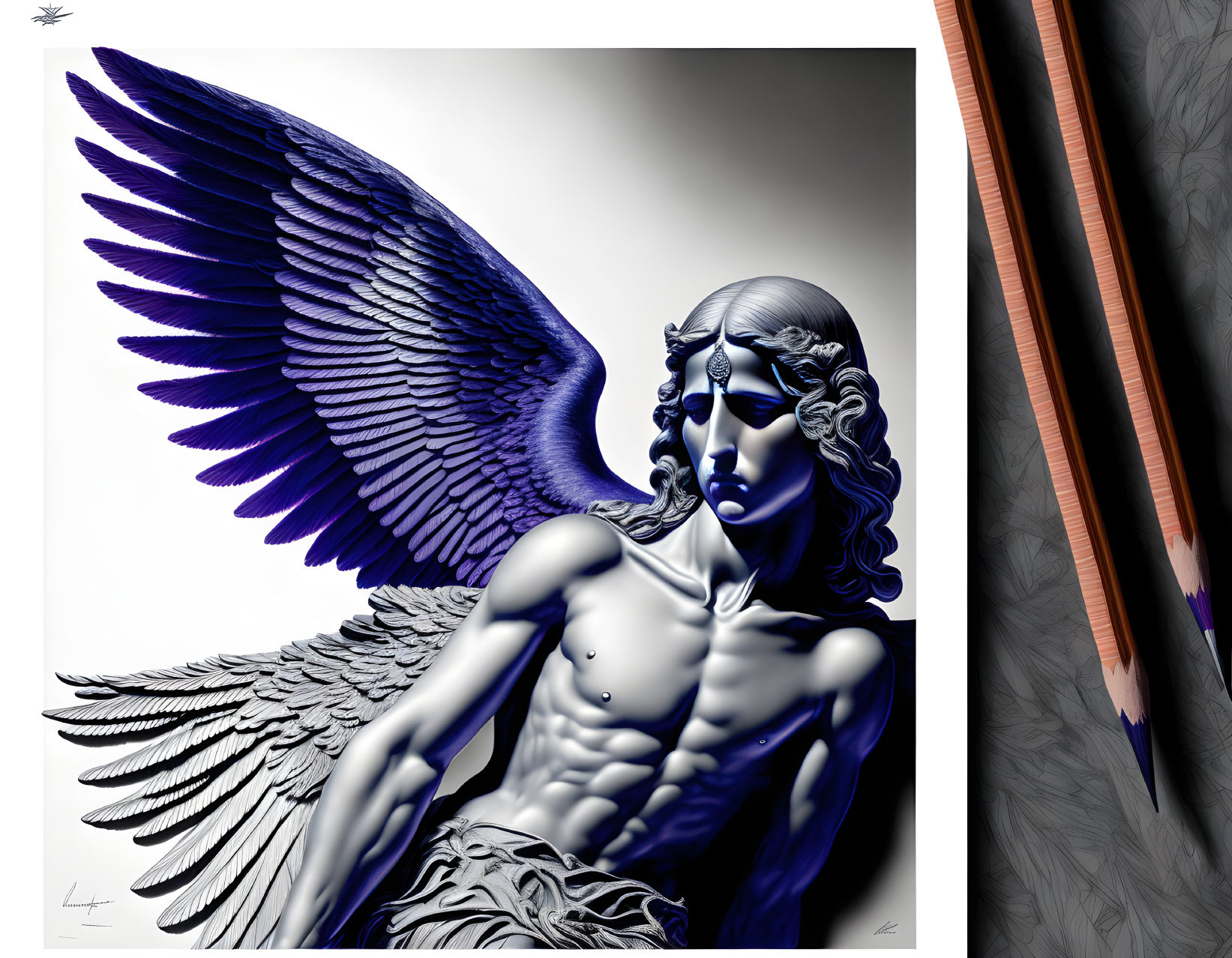 Monochromatic sculpted angel with detailed wings and pencil sketches.