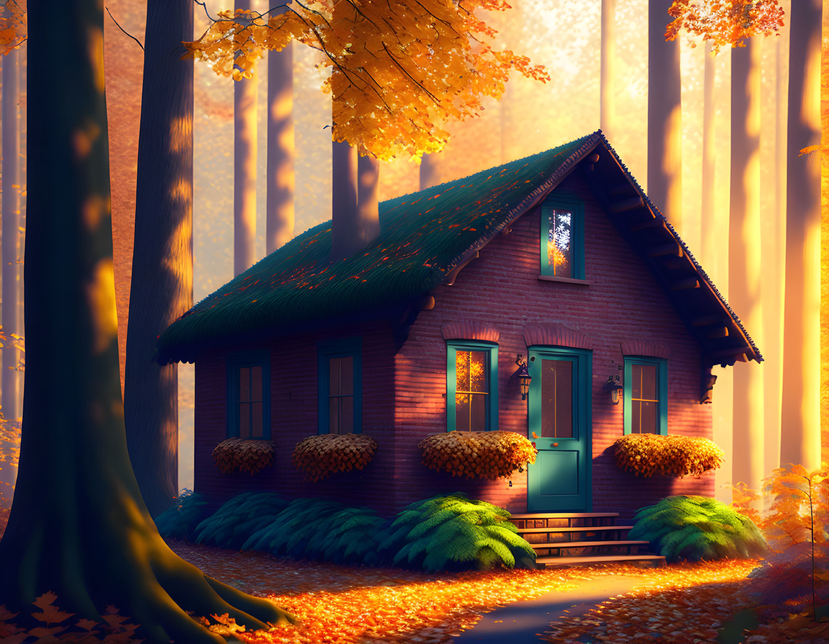 Red-Brick Cottage in Autumnal Forest with Golden Leaves