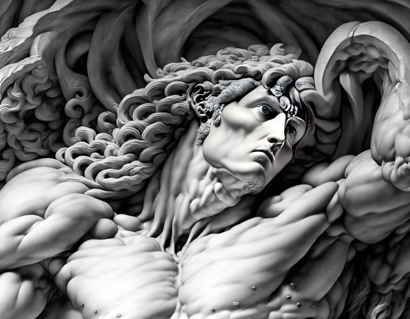 Monochrome classical sculpture of a man in agony