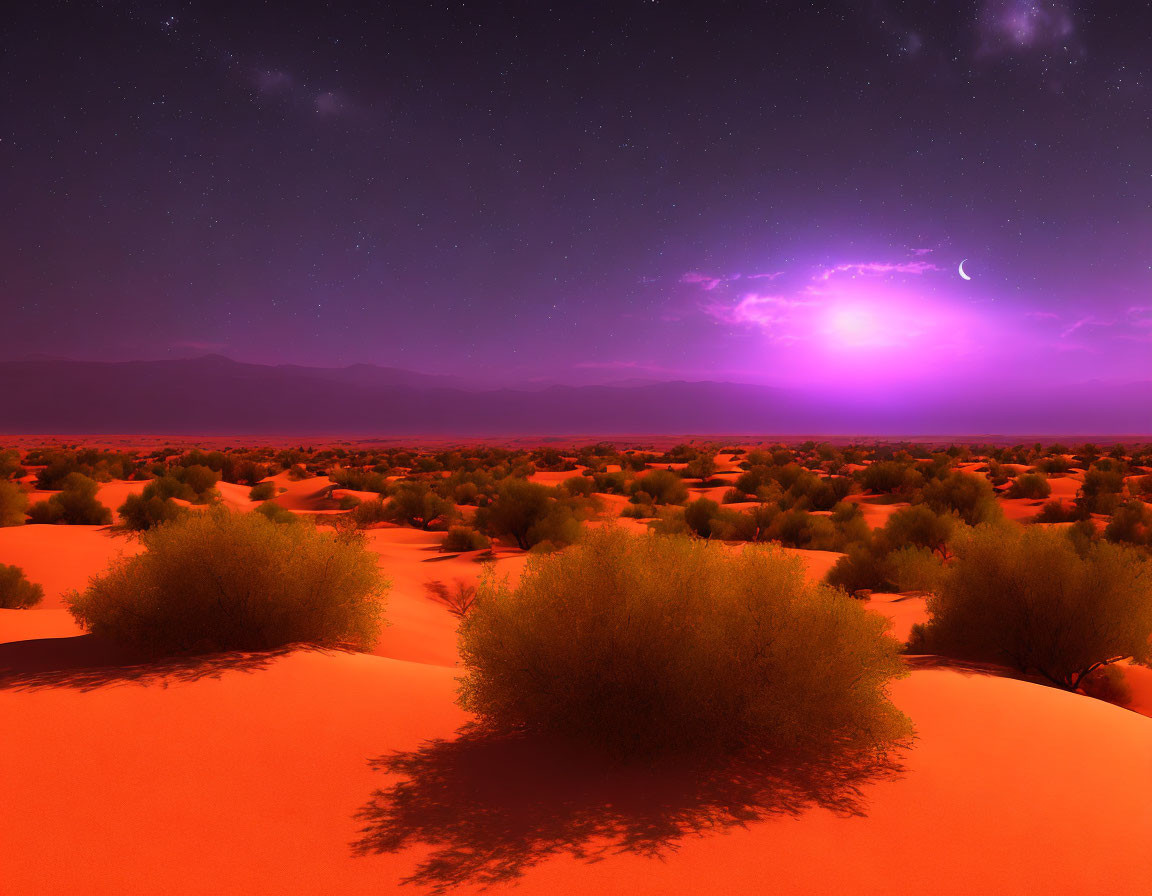 Surreal desert landscape at night with purple hues, crescent moon, and sparse vegetation