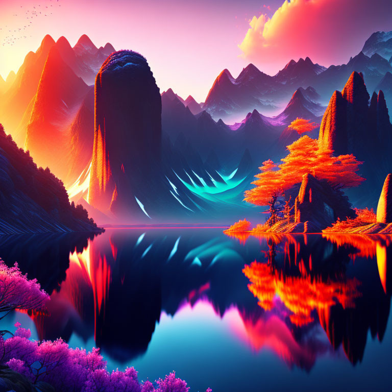 Colorful Mountains Reflected in Tranquil Lake at Twilight