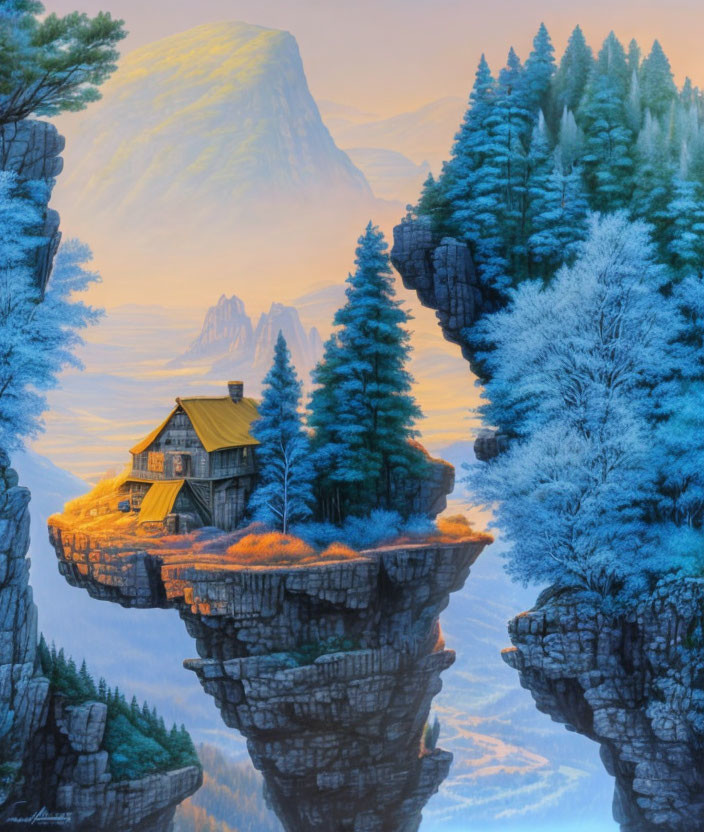 Tranquil landscape: wooden cabin on floating rock island with coniferous trees, misty valley