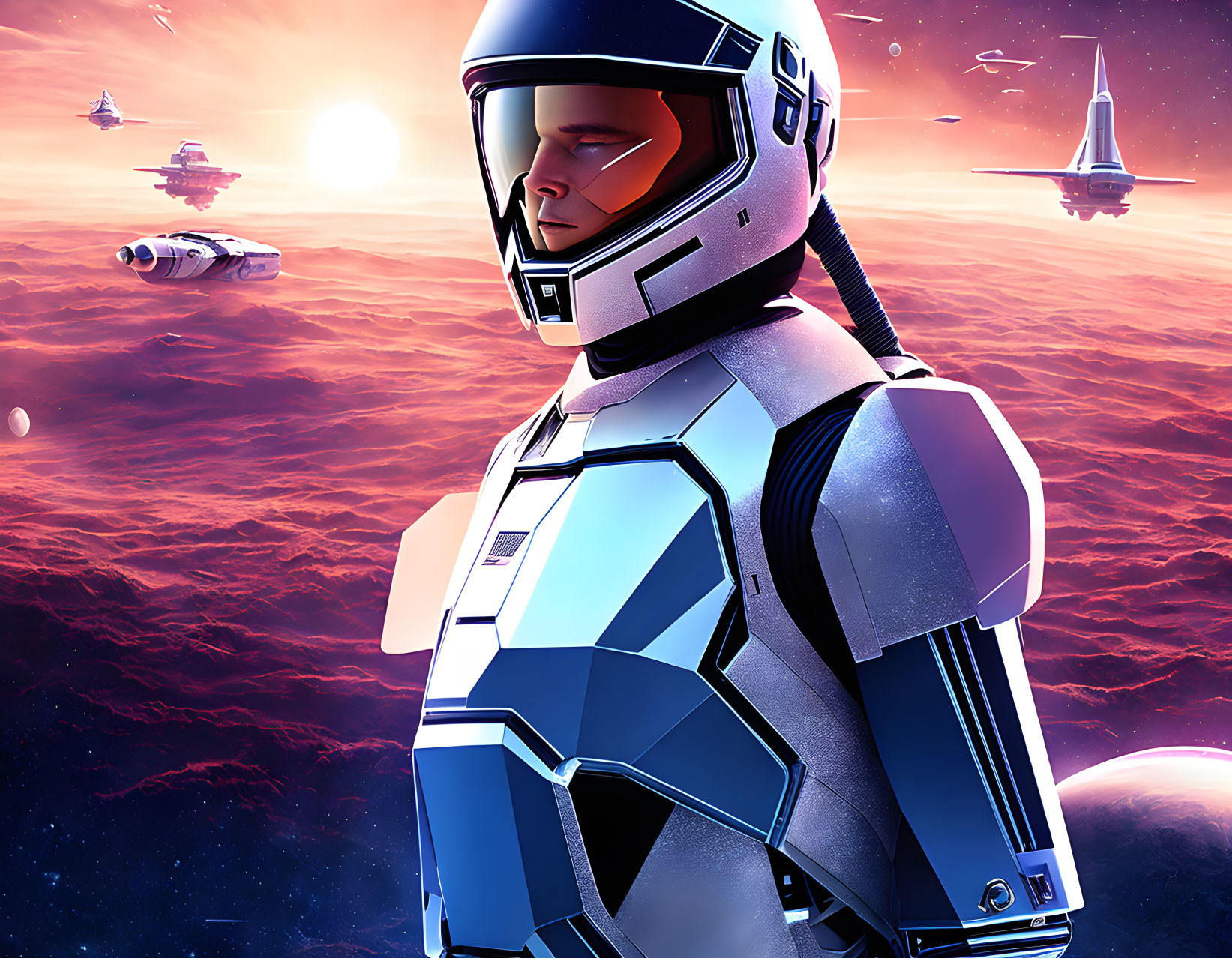 Futuristic astronaut in red celestial landscape with spaceships.