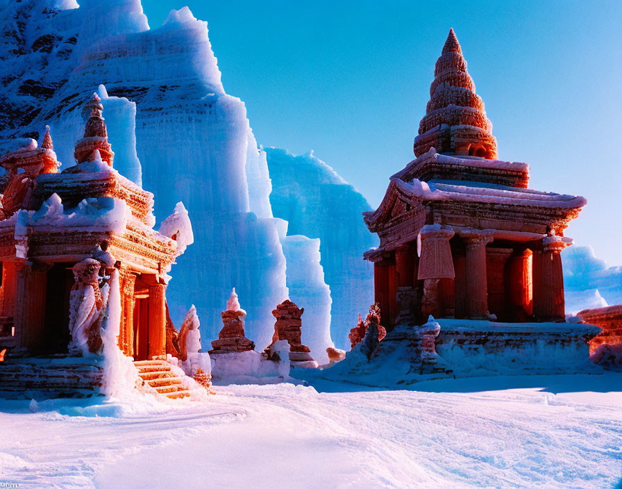 Snow and ice sculptures of ancient temples and pagodas in warm pink glow against blue sky